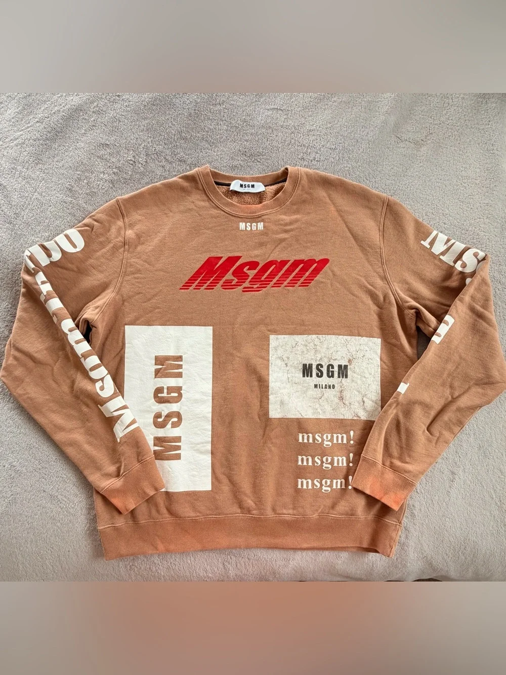 MSGM Men's Brown Tan Logo Graphic Turbo Crewneck Sweater Size M